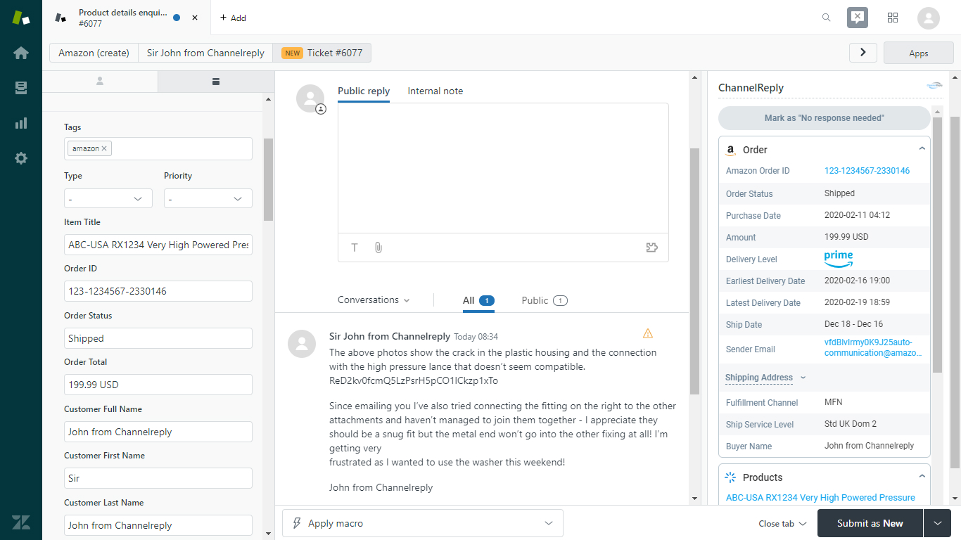 Amazon Ticket in Zendesk with ChannelReply