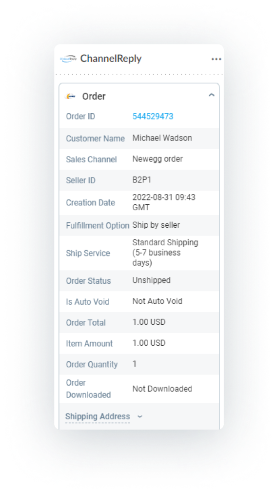 The ChannelReply App for Zoho Desk Displaying Newegg Order Information