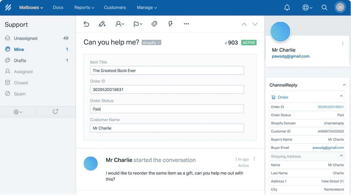 Screenshot of ChannelReply’s Shopify–Help Scout Integration