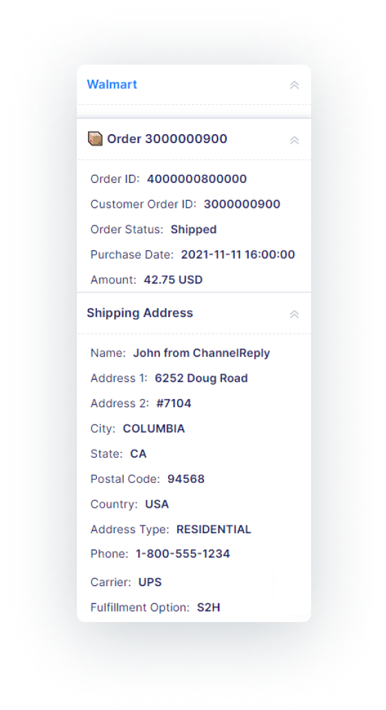 The ChannelReply App for Gorgias Displaying Walmart Order Details